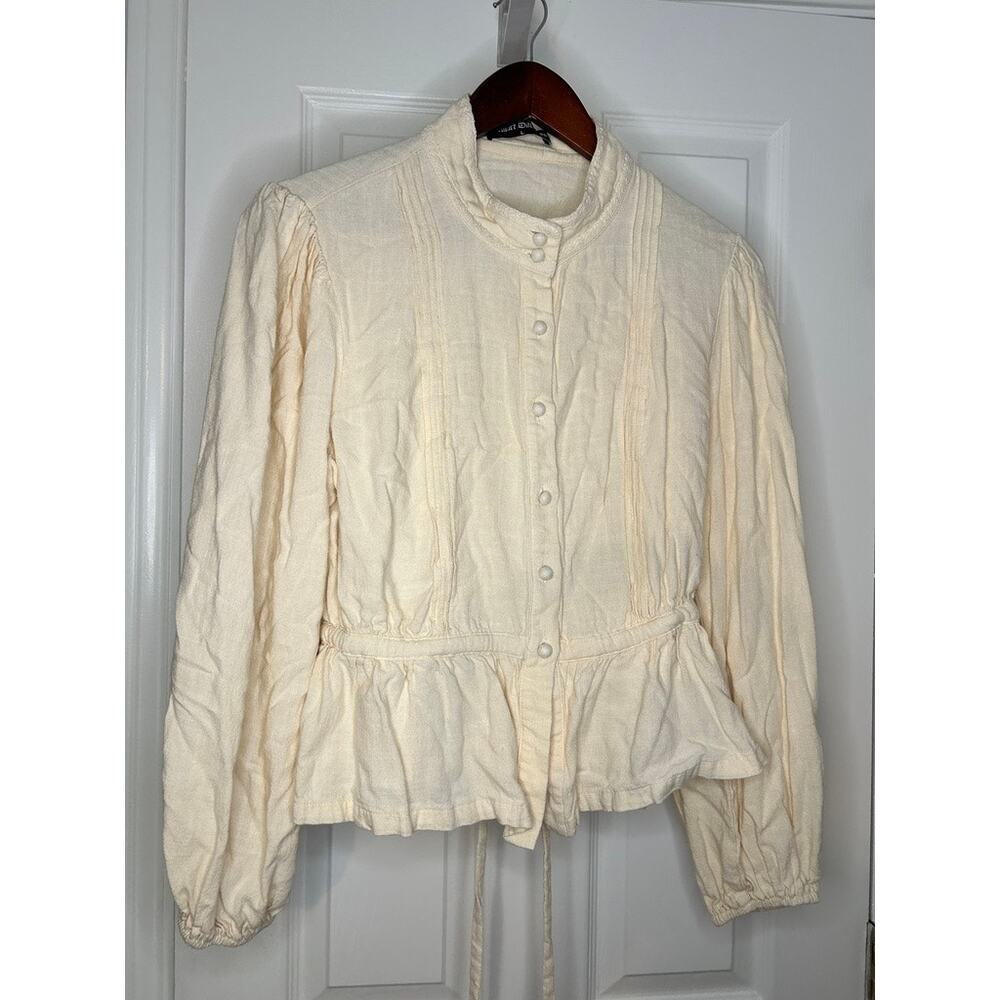 Scarlet Darkness Blouse Womens L Cream Linen Blend Victorian Peplum Tie Back Top